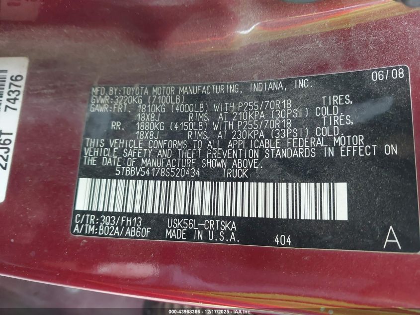 2008 Toyota Tundra Base 5.7L V8 VIN: 5TBBV54178S520434 Lot: 43968366