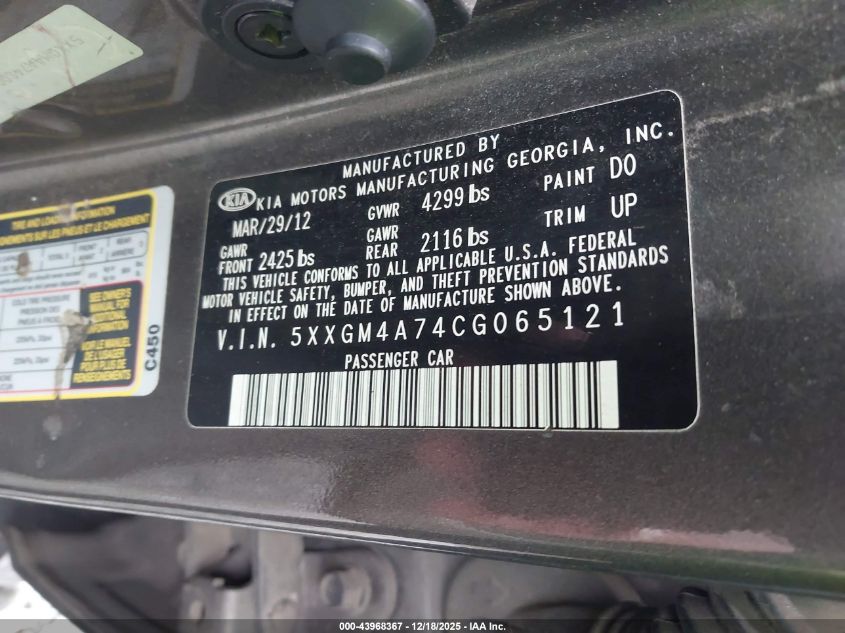 2012 Kia Optima Lx VIN: 5XXGM4A74CG065121 Lot: 43968367