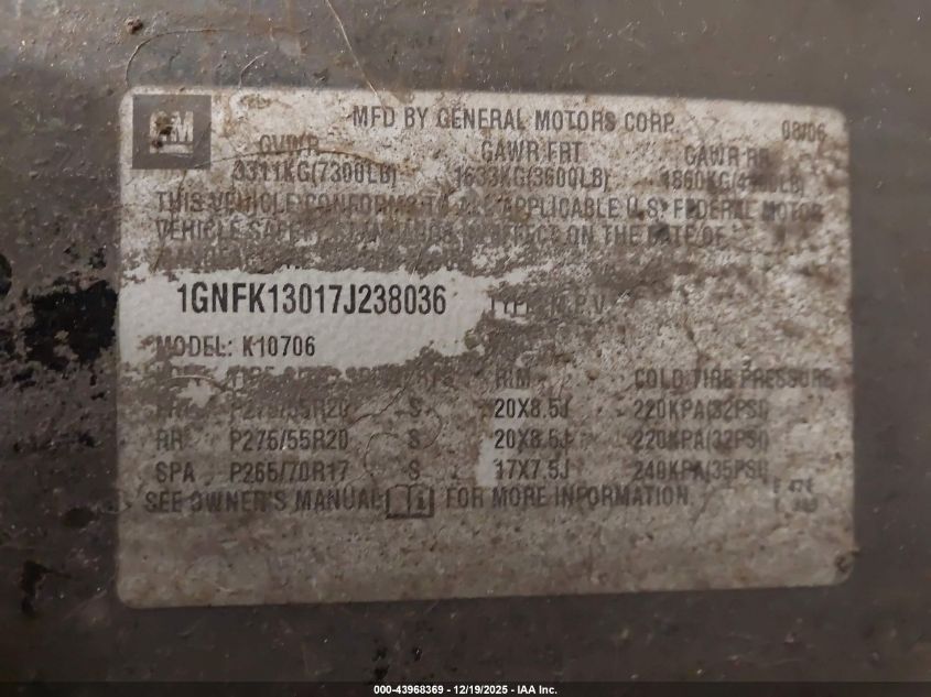 2007 Chevrolet Tahoe Ltz VIN: 1GNFK13017J238036 Lot: 43968369