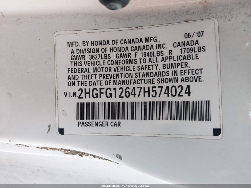 2007 Honda Civic Lx VIN: 2HGFG12647H574024 Lot: 43968368