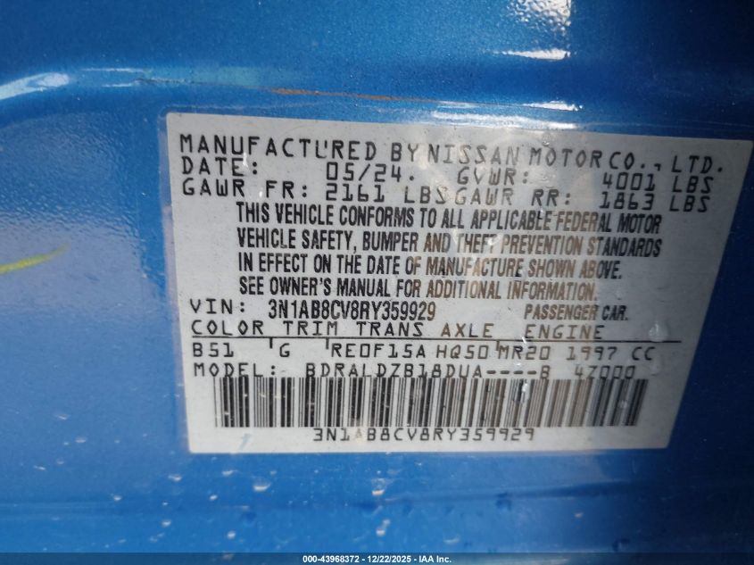 2024 Nissan Sentra Sv Xtronic Cvt VIN: 3N1AB8CV8RY359929 Lot: 43968372