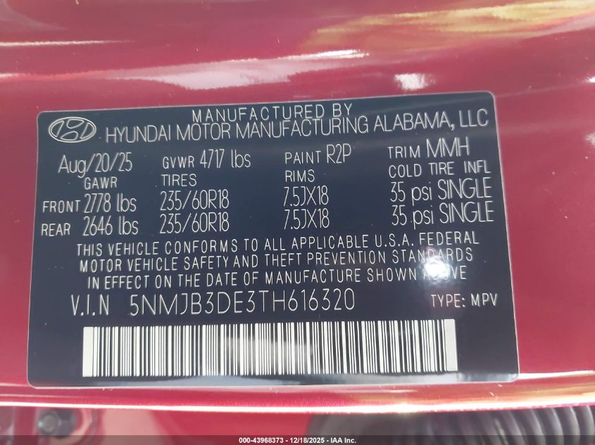 2026 Hyundai Tucson Sel VIN: 5NMJB3DE3TH616320 Lot: 43968373