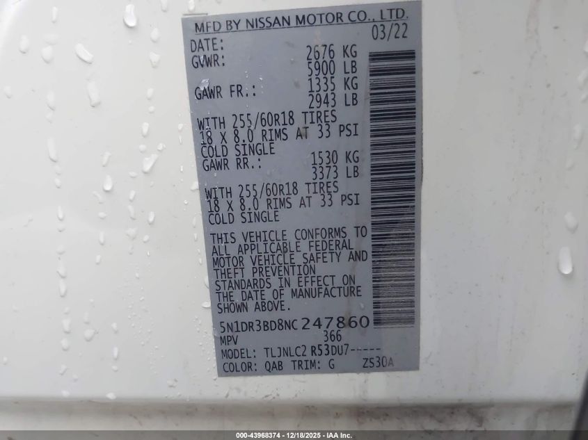 2022 Nissan Pathfinder Sv 4Wd VIN: 5N1DR3BD8NC247860 Lot: 43968374