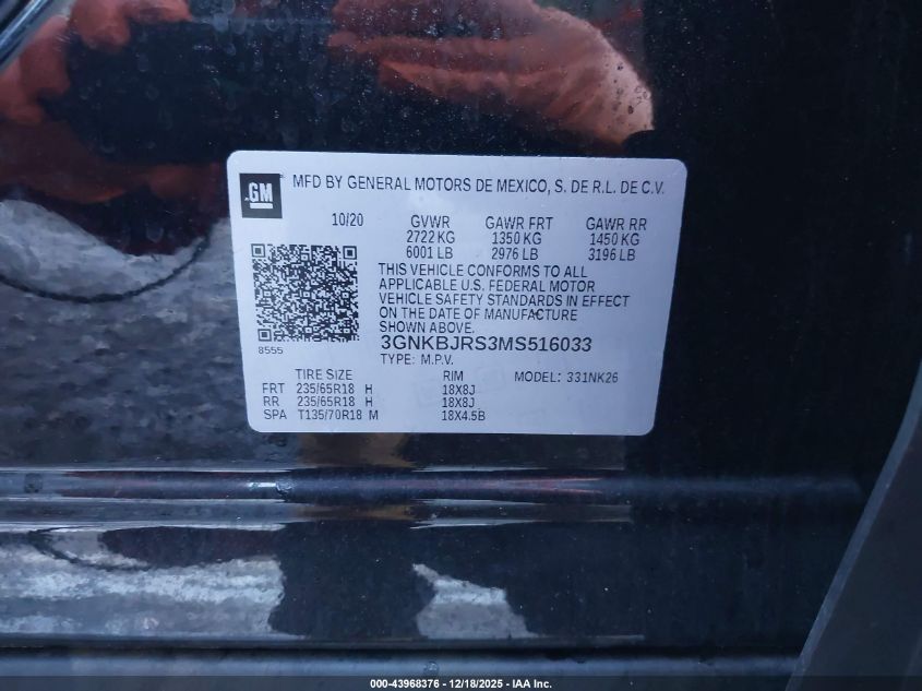 2021 Chevrolet Blazer Awd 3Lt VIN: 3GNKBJRS3MS516033 Lot: 43968376