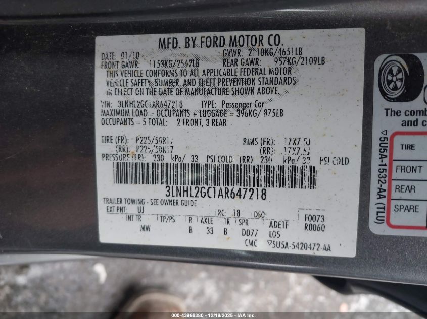 2010 Lincoln Mkz VIN: 3LNHL2GC1AR647218 Lot: 43968380