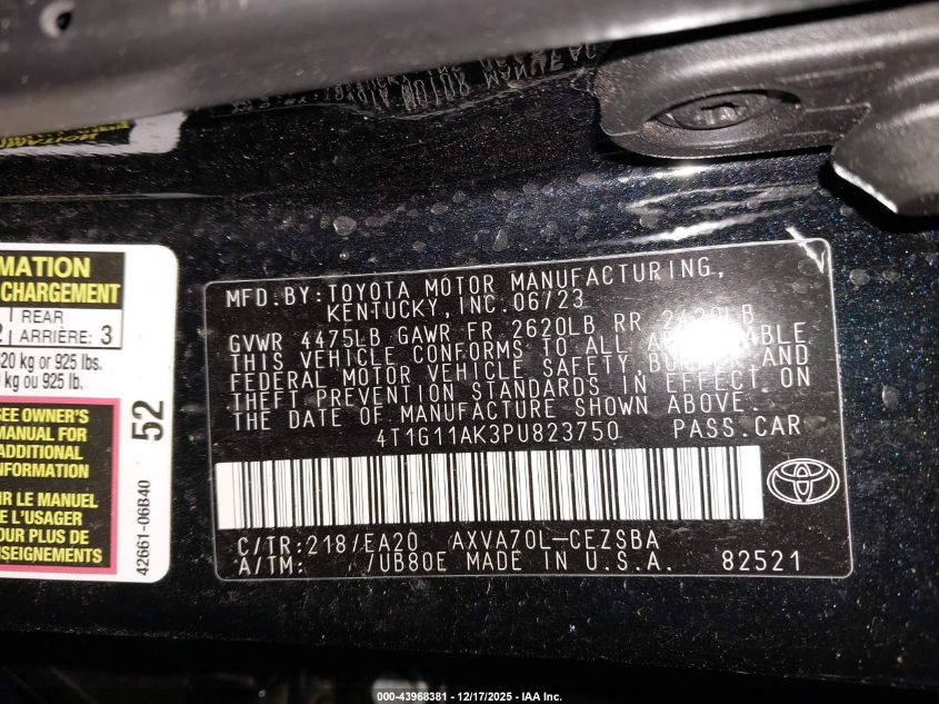 2023 Toyota Camry Se VIN: 4T1G11AK3PU823750 Lot: 43968381