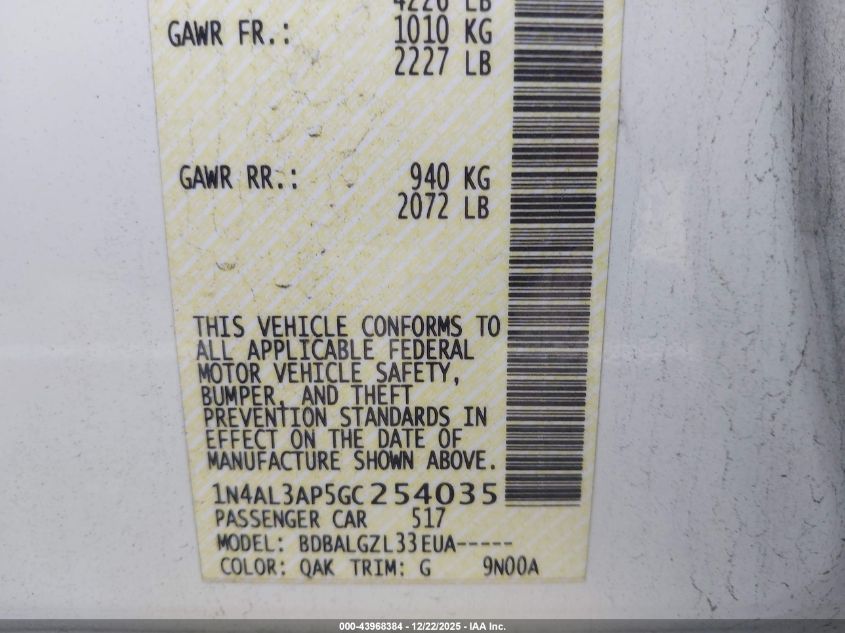 2016 Nissan Altima 2.5/2.5 S/2.5 Sl/2.5 Sr/2.5 Sv VIN: 1N4AL3AP5GC254035 Lot: 43968384