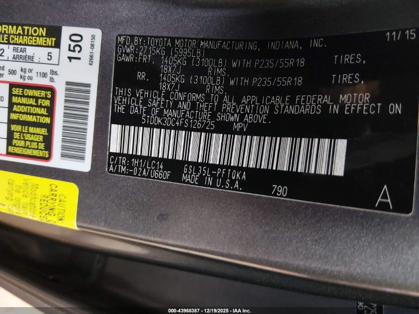 2015 Toyota Sienna Xle 7 Passenger VIN: 5TDDK3DC4FS126725 Lot: 43968387