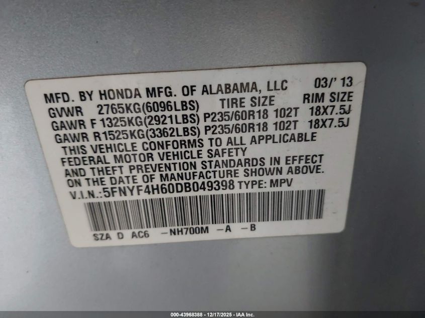 2013 Honda Pilot Ex-L VIN: 5FNYF4H60DB049398 Lot: 43968388