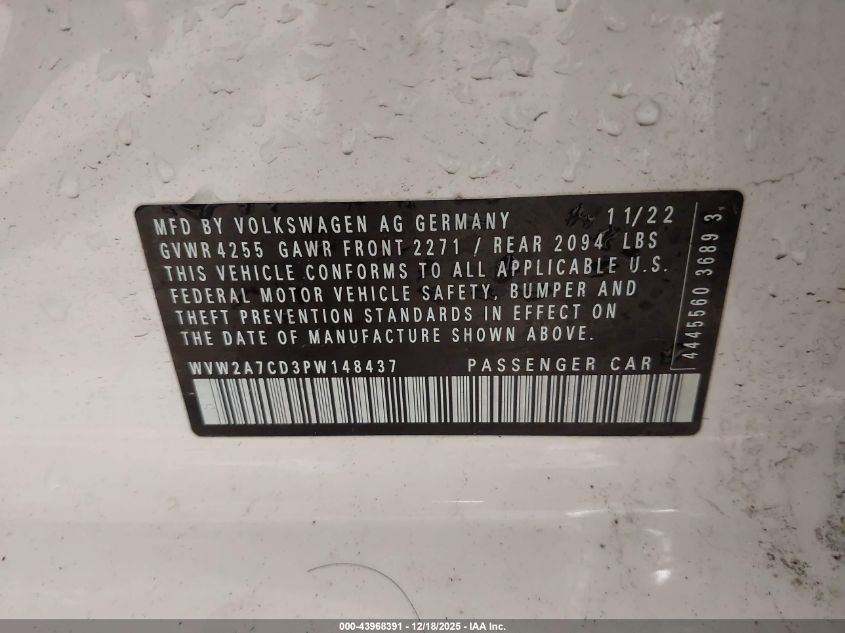 2023 Volkswagen Golf Gti 2.0T Se VIN: WVW2A7CD3PW148437 Lot: 43968391