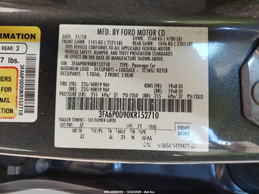 2019 Ford Fusion Titanium VIN: 3FA6P0D90KR152710 Lot: 43968392