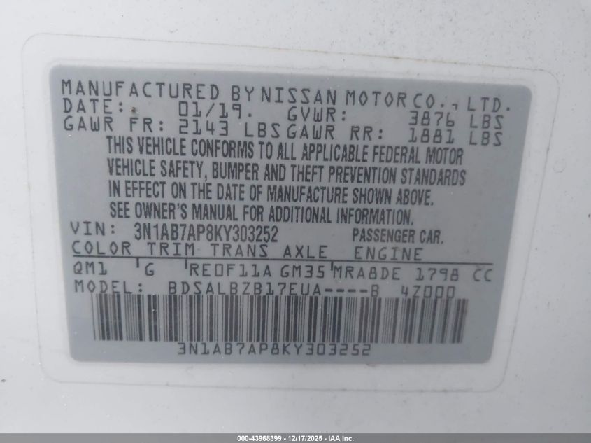 2019 Nissan Sentra S VIN: 3N1AB7AP8KY303252 Lot: 43968399