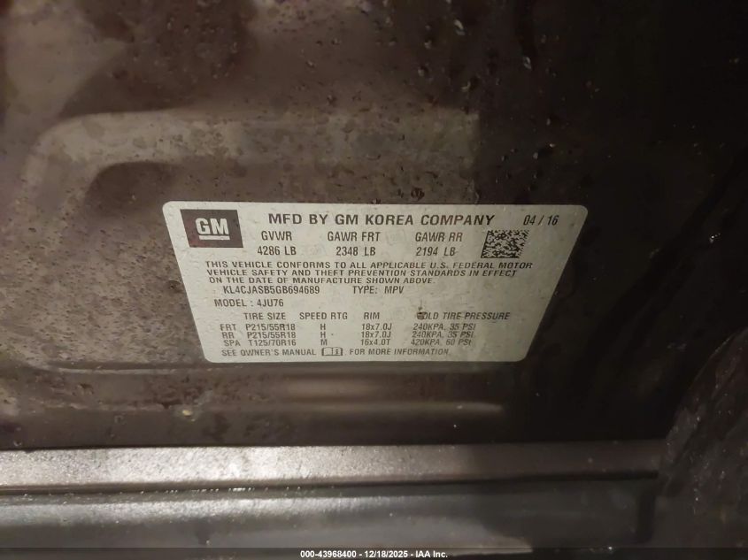 2016 Buick Encore VIN: KL4CJASB5GB694689 Lot: 43968400