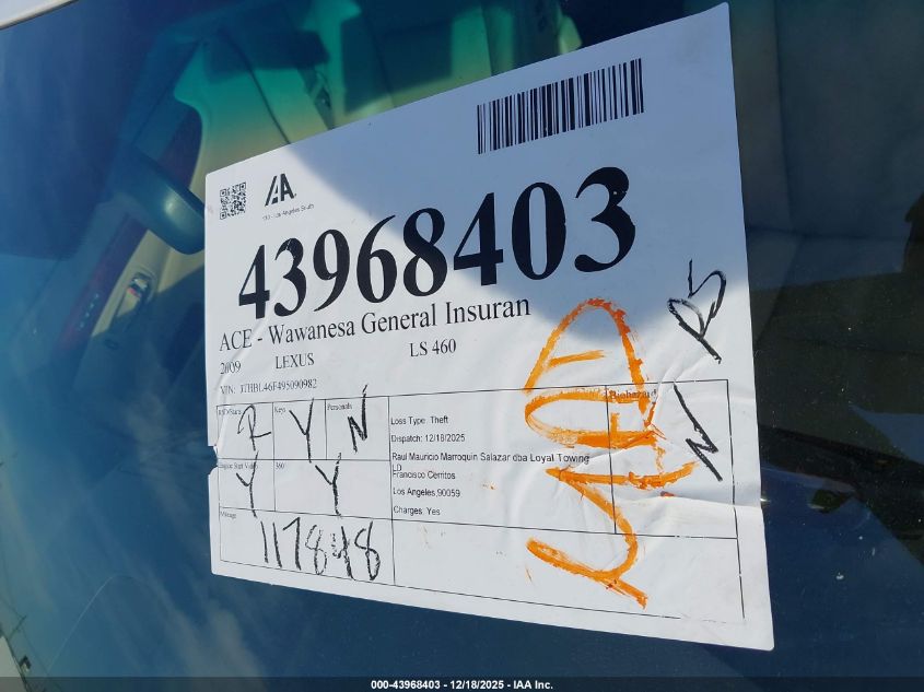 2009 Lexus Ls 460 VIN: JTHBL46F495090982 Lot: 43968403