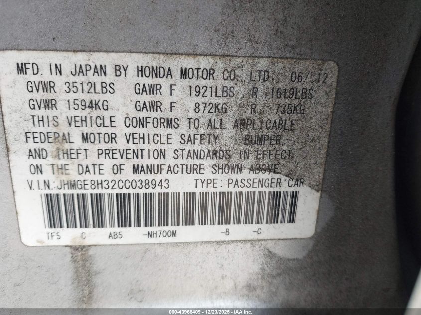 2012 Honda Fit VIN: JHMGE8H32CC038943 Lot: 43968409