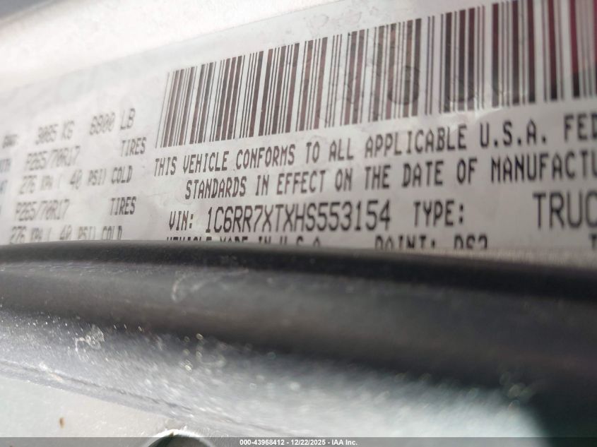 2017 Ram 1500 Ssv 4X4 5'7 Box VIN: 1C6RR7XTXHS553154 Lot: 43968412