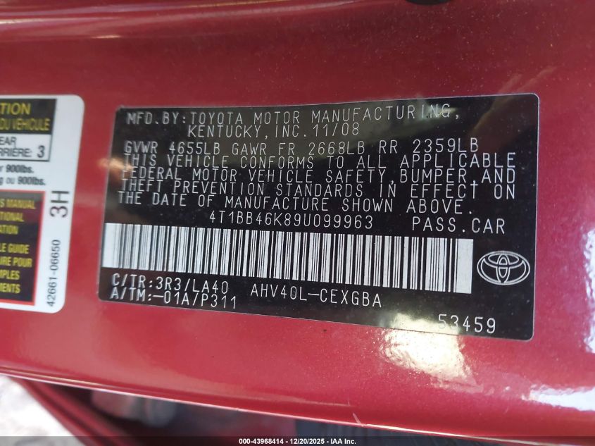 2009 Toyota Camry Hybrid VIN: 4T1BB46K89U099963 Lot: 43968414