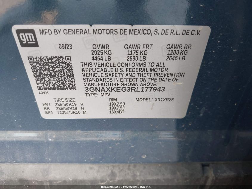 2024 Chevrolet Equinox Fwd Lt VIN: 3GNAXKEG3RL177943 Lot: 43968415