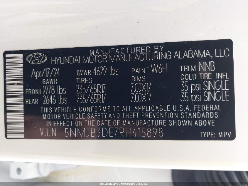 2024 Hyundai Tucson Sel VIN: 5NMJB3DE7RH415898 Lot: 43968419