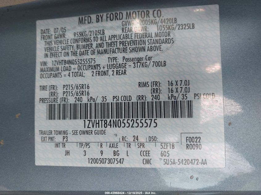 2005 Ford Mustang VIN: 1ZVHT84N055255575 Lot: 43968424