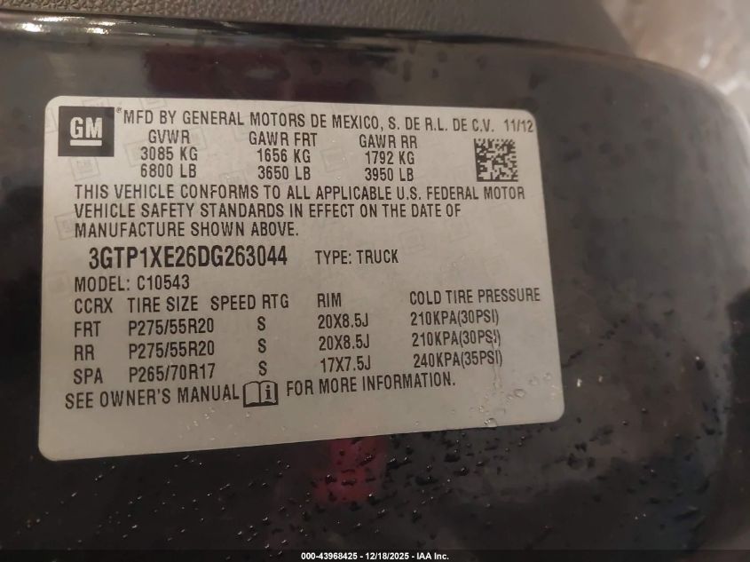 2013 GMC Sierra 1500 Denali VIN: 3GTP1XE26DG263044 Lot: 43968425