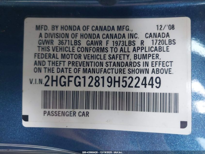 2009 Honda Civic Ex VIN: 2HGFG12819H522449 Lot: 43968426