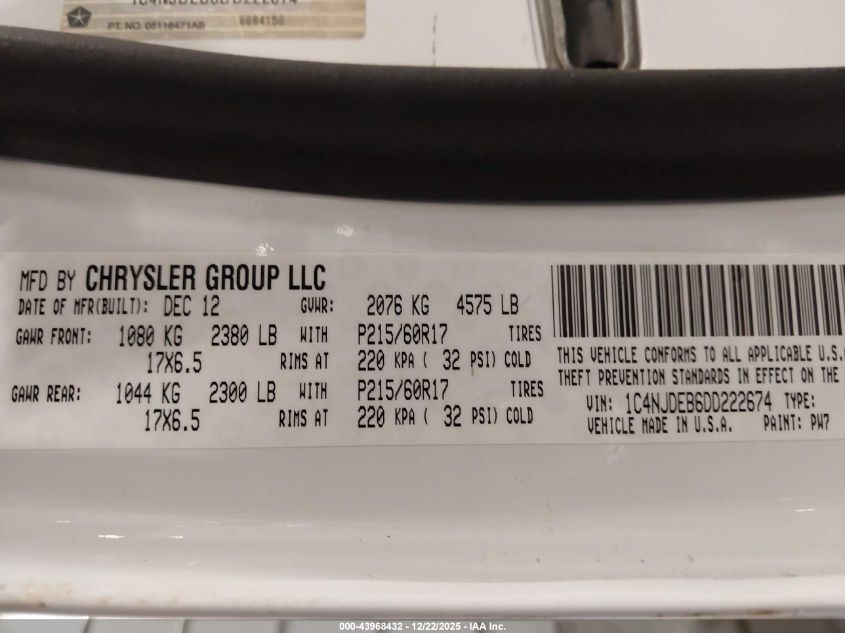 2013 Jeep Compass Latitude VIN: 1C4NJDEB6DD222674 Lot: 43968432