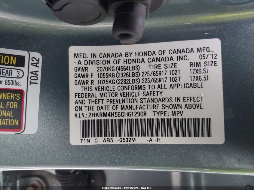 2012 Honda Cr-V Ex VIN: 2HKRM4H56CH612908 Lot: 43968440