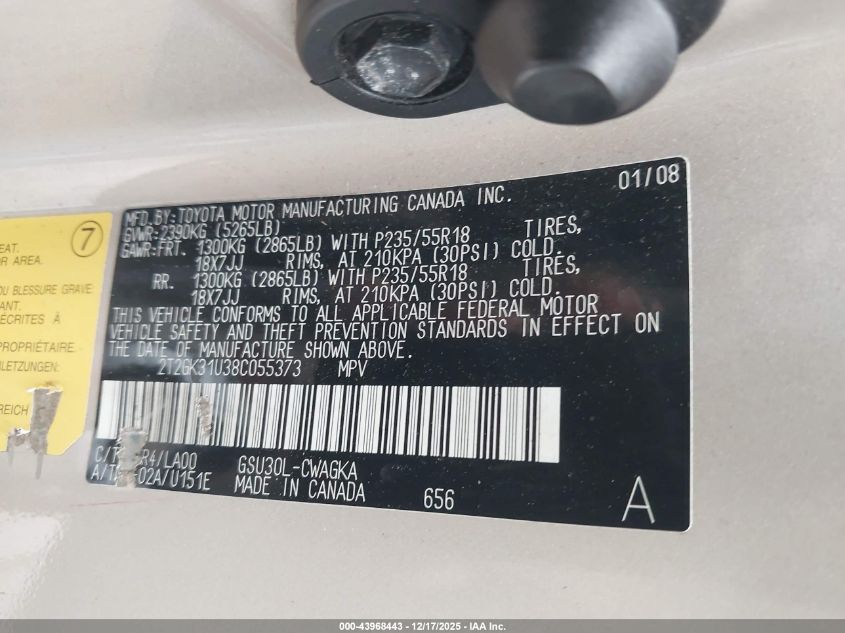 2008 Lexus Rx 350 VIN: 2T2GK31U38C055373 Lot: 43968443