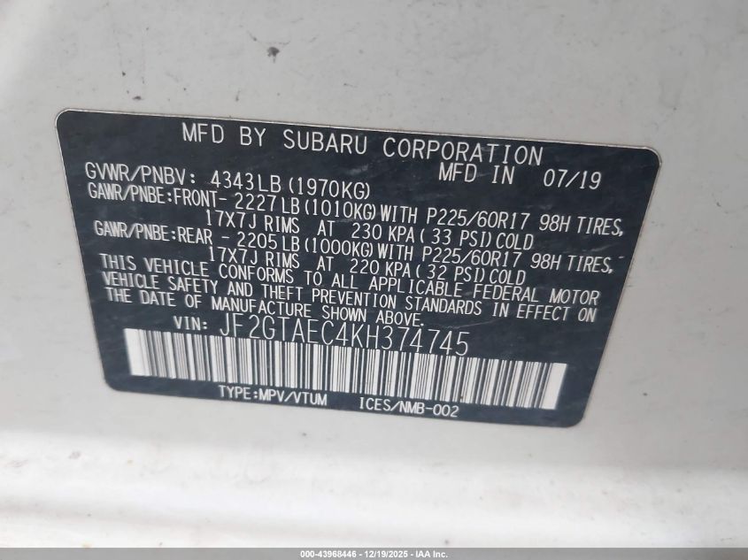 2019 Subaru Crosstrek 2.0I Premium VIN: JF2GTAEC4KH374745 Lot: 43968446