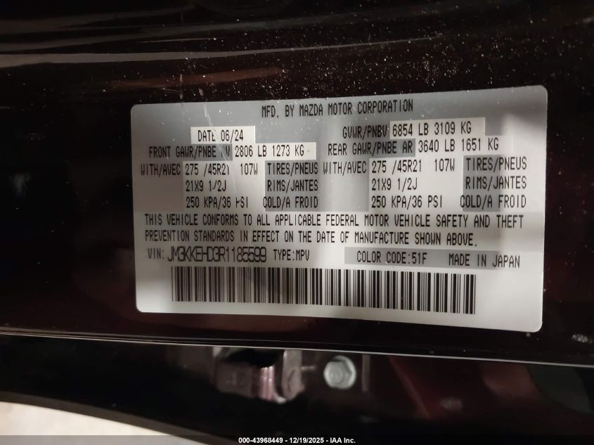 2024 Mazda Cx-90 3.3 Turbo Premium Plus VIN: JM3KKEHD3R1185599 Lot: 43968449