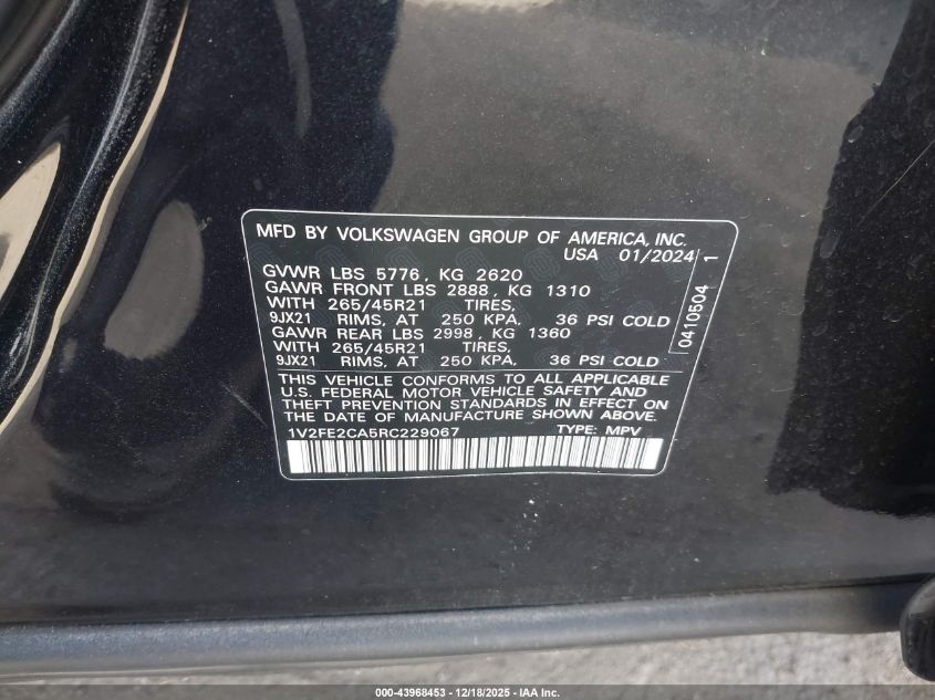 2024 Volkswagen Atlas Cross Sport 2.0T Sel Premium R-Line VIN: 1V2FE2CA5RC229067 Lot: 43968453