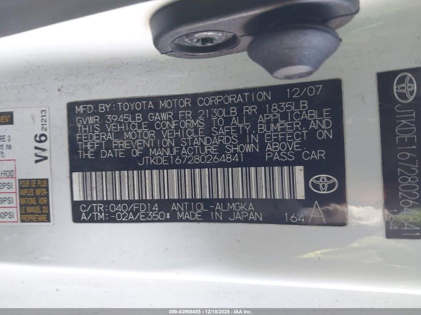 2008 Scion Tc VIN: JTKDE167280264841 Lot: 43968455