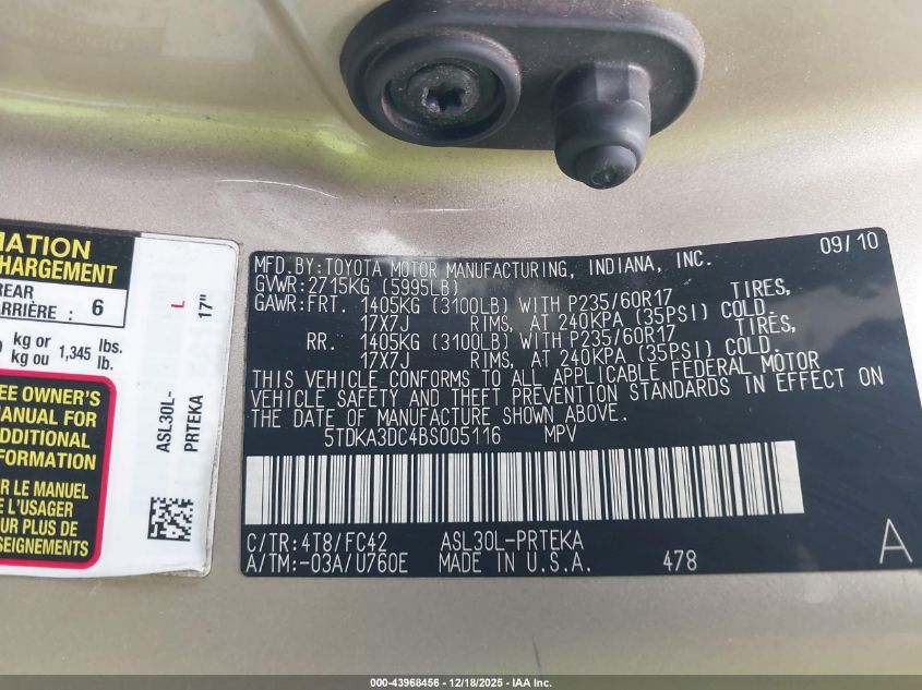 2011 Toyota Sienna Le VIN: 5TDKA3DC4BS005116 Lot: 43968456