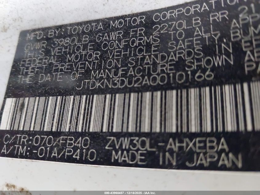 2010 Toyota Prius Iii VIN: JTDKN3DU2A0010166 Lot: 43968457