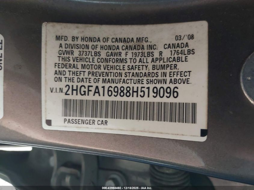 2008 Honda Civic Ex-L VIN: 2HGFA16988H519096 Lot: 43968460