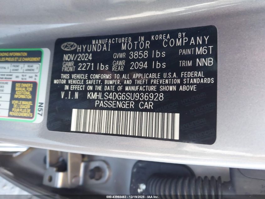 2025 Hyundai Elantra Sel Convenience VIN: KMHLS4DG6SU936928 Lot: 43968463