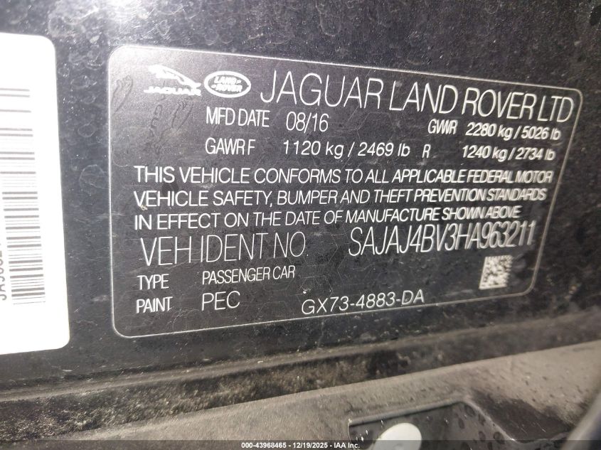 2017 Jaguar Xe 35T Premium VIN: SAJAJ4BV3HA963211 Lot: 43968465