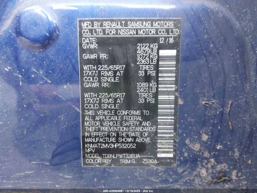 2017 Nissan Rogue S VIN: KNMAT2MV3HP532052 Lot: 43968466