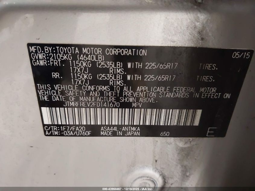 2015 Toyota Rav4 Xle VIN: JTMRFREV2FD141670 Lot: 43968467