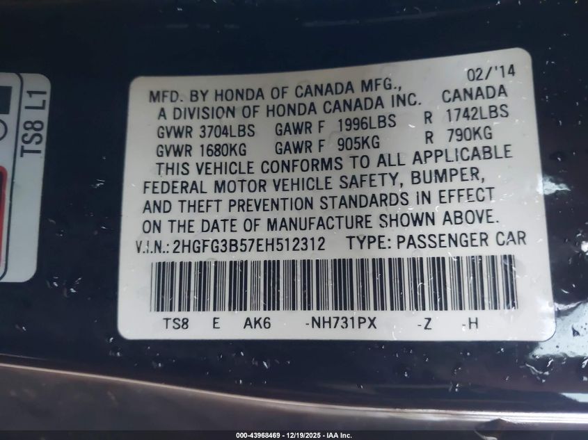 2014 Honda Civic Lx VIN: 2HGFG3B57EH512312 Lot: 43968469