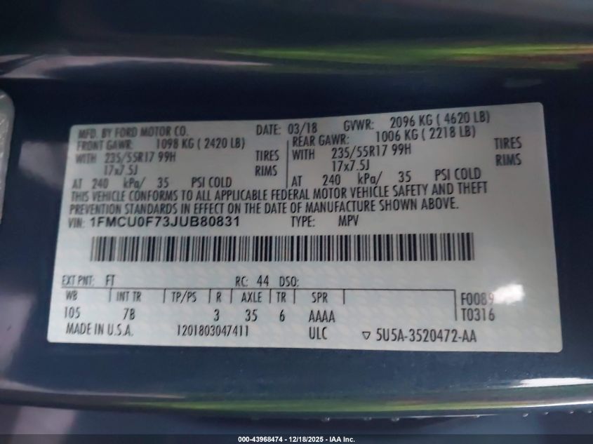 2018 Ford Escape S VIN: 1FMCU0F73JUB80831 Lot: 43968474