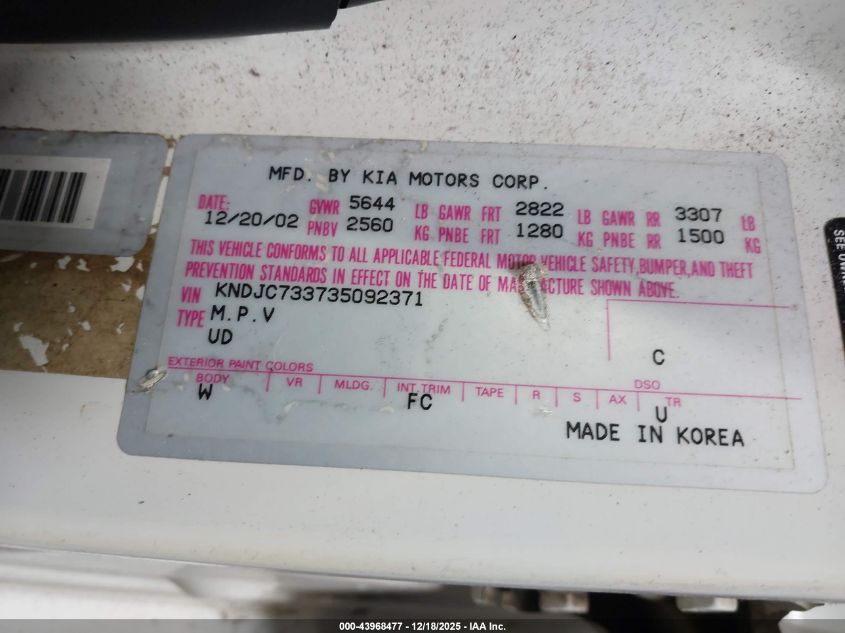 2003 Kia Sorento Ex/Lx VIN: KNDJC733735092371 Lot: 43968477