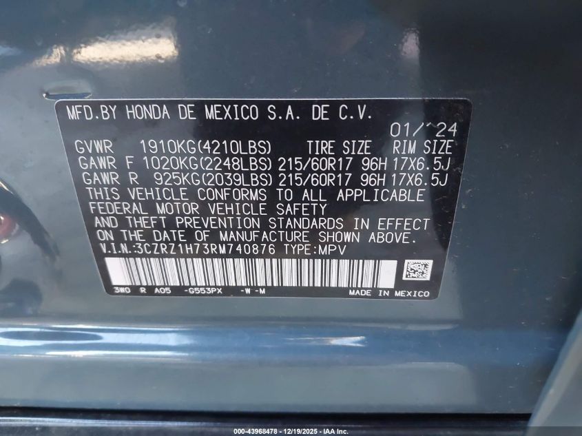 2024 Honda Hr-V 2Wd Ex-L/2Wd Ex-L W/O Bsi VIN: 3CZRZ1H73RM740876 Lot: 43968478