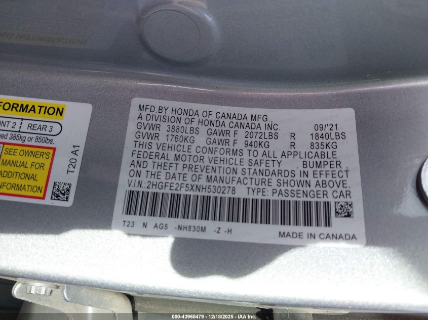 2022 Honda Civic Sport VIN: 2HGFE2F5XNH530278 Lot: 43968479