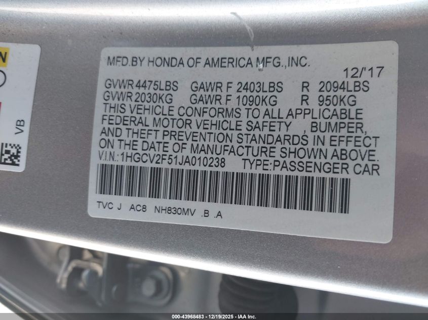 2018 Honda Accord Ex-L 2.0T VIN: 1HGCV2F51JA010238 Lot: 43968483