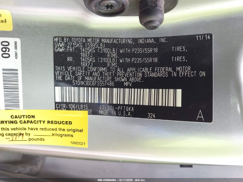 2015 Toyota Sienna Limited 7 Passenger VIN: 5TDYK3DC6FS557486 Lot: 43968484