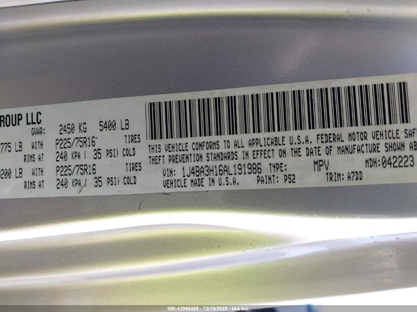 2010 Jeep Wrangler Unlimited Sport VIN: 1J4BA3H16AL191986 Lot: 43968488