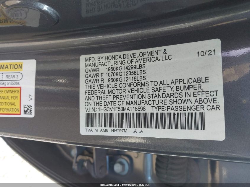 2021 Honda Accord Ex-L VIN: 1HGCV1F53MA118598 Lot: 43968494