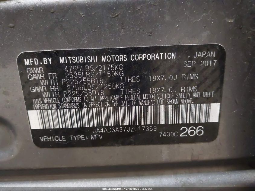 2018 Mitsubishi Outlander Se VIN: JA4AD3A37JZ017369 Lot: 43968495